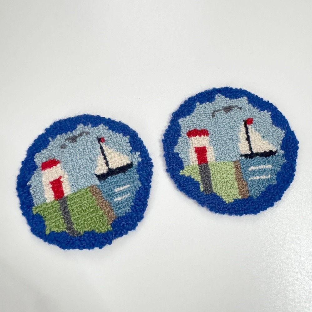 VTG Flora's Cheticamp N.S. Hand Hooked Wool Coasters Set 2 Lighthouse Sailboat
